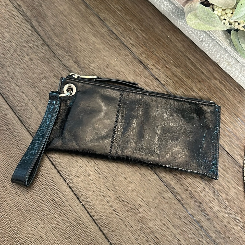 Hobo black polished leather brand new without tags large wristlet